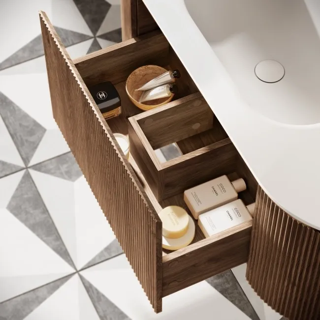 Positano Natural Walnut Curved Wall Hung Basin Drawer Vanity 1200mm
