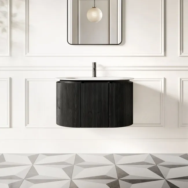 Positano Black Oak Curved Wall Hung Basin Drawer Vanity 800mm