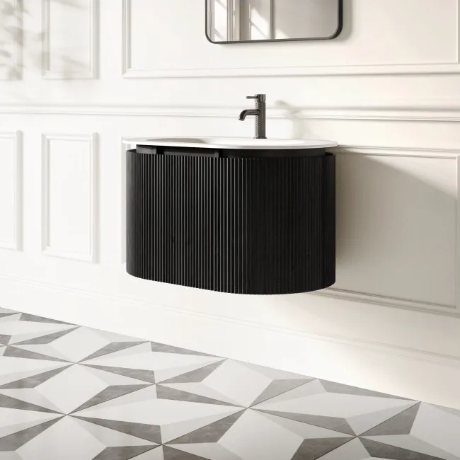 Positano Black Oak Curved Wall Hung Basin Drawer Vanity 800mm