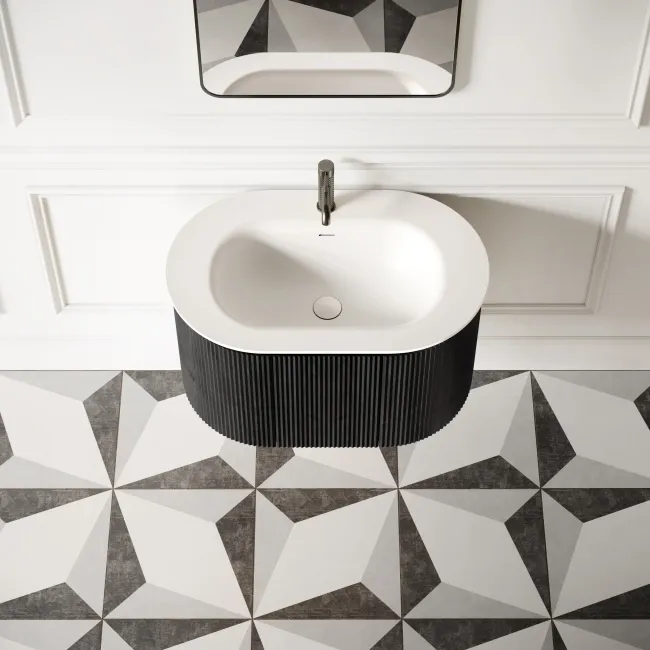 Positano Black Oak Curved Wall Hung Basin Drawer Vanity 800mm