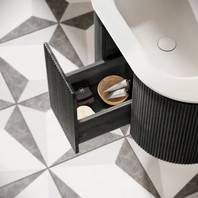Positano Black Oak Curved Wall Hung Basin Drawer Vanity 800mm