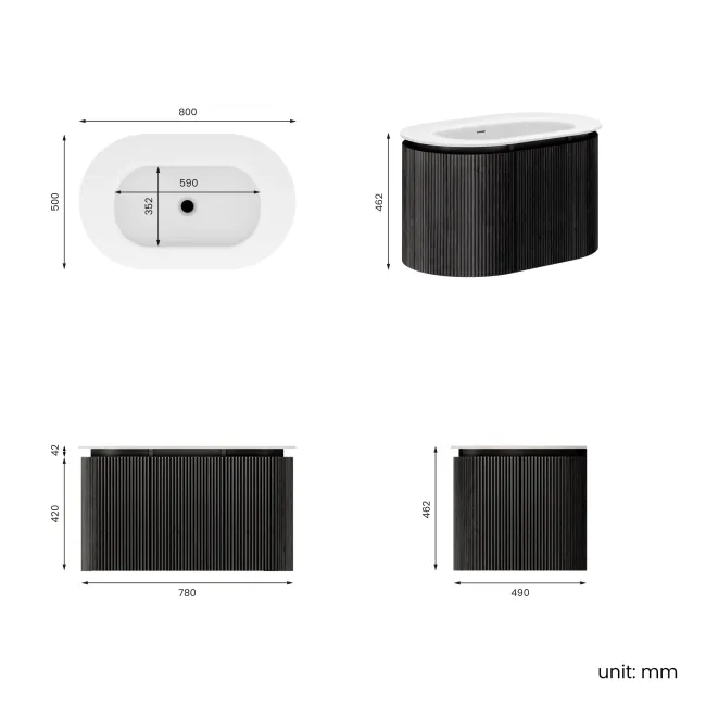 Positano Black Oak Curved Wall Hung Basin Drawer Vanity 800mm