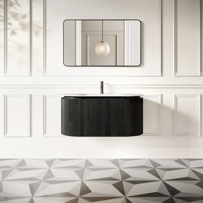Positano Black Oak Curved Wall Hung Basin Drawer Vanity 1000mm