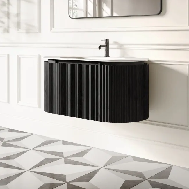 Positano Black Oak Curved Wall Hung Basin Drawer Vanity 1000mm