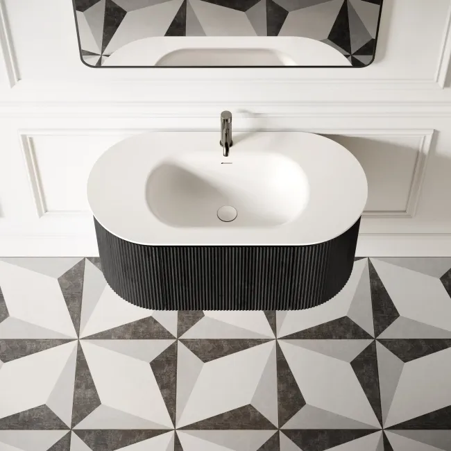 Positano Black Oak Curved Wall Hung Basin Drawer Vanity 1000mm