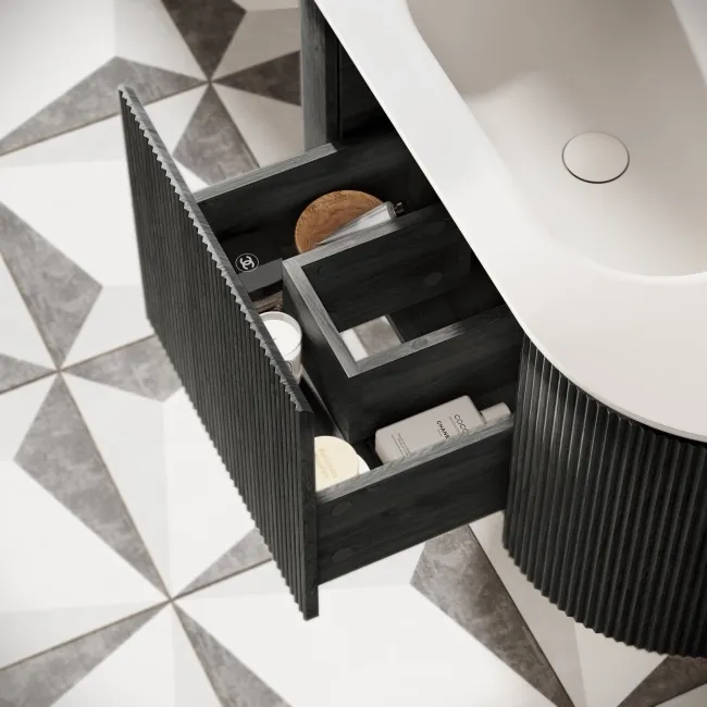 Positano Black Oak Curved Wall Hung Basin Drawer Vanity 1000mm