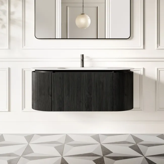 Positano Black Oak Curved Wall Hung Basin Drawer Vanity 1200mm