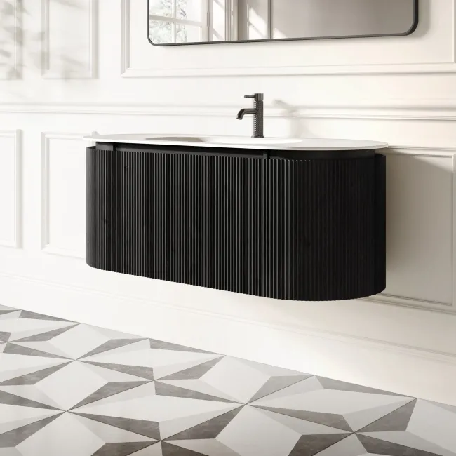Positano Black Oak Curved Wall Hung Basin Drawer Vanity 1200mm