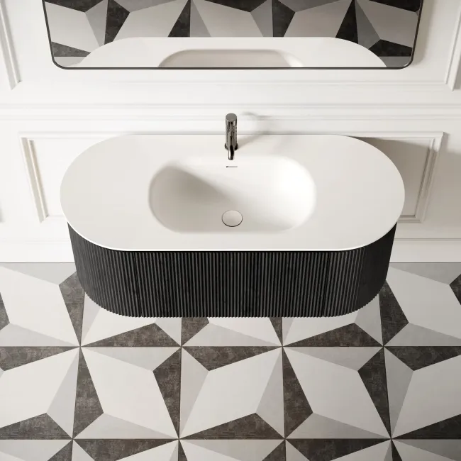 Positano Black Oak Curved Wall Hung Basin Drawer Vanity 1200mm