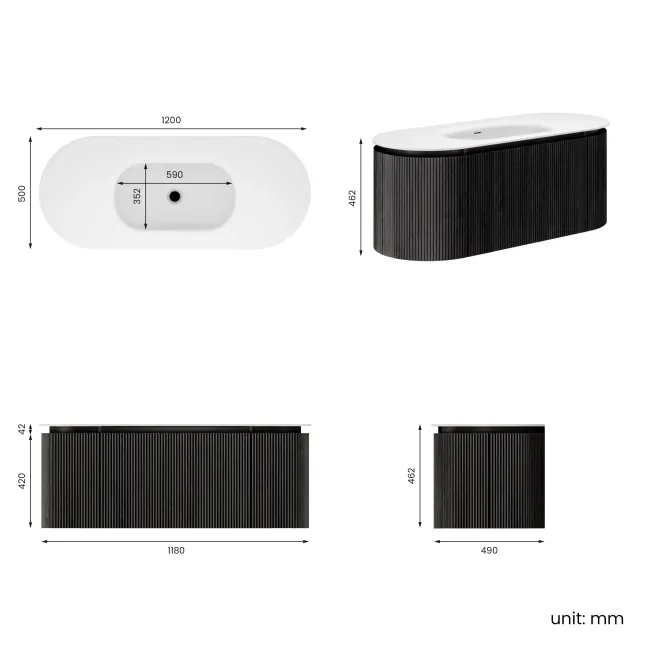 Positano Black Oak Curved Wall Hung Basin Drawer Vanity 1200mm
