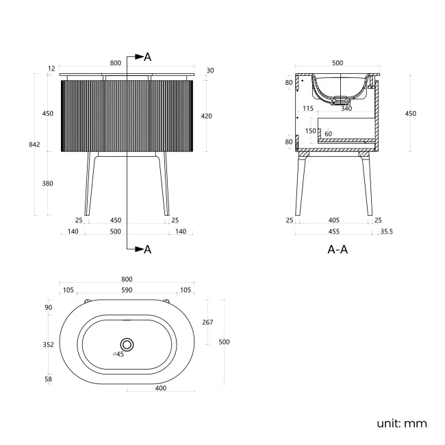 Positano Natural Walnut Curved Vanity Unit 800mm