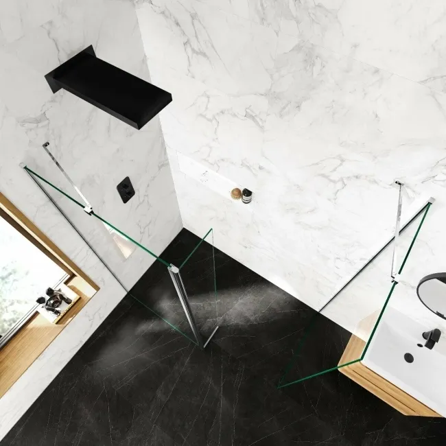 Copenhagen Easy Clean 8mm Walk In Shower Enclosure 900mm & 800mm Glass with Pivotal Return Panel