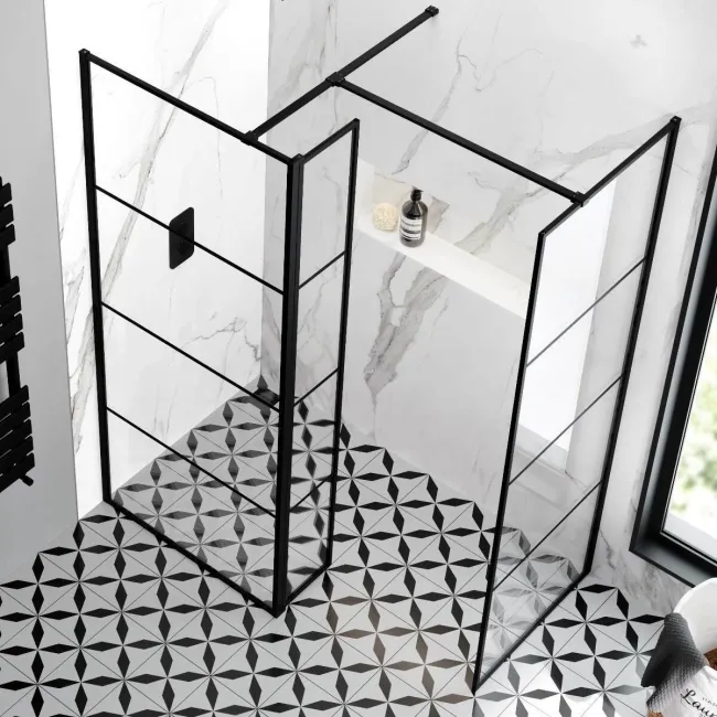 Munich Matt Black Grid 8mm Walk In Shower Enclosure 800mm & 800mm Glass with Pivotal Return Panel