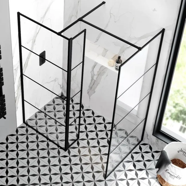 Munich Matt Black Grid 8mm Walk In Shower Enclosure 800mm & 900mm Glass with Pivotal Return Panel