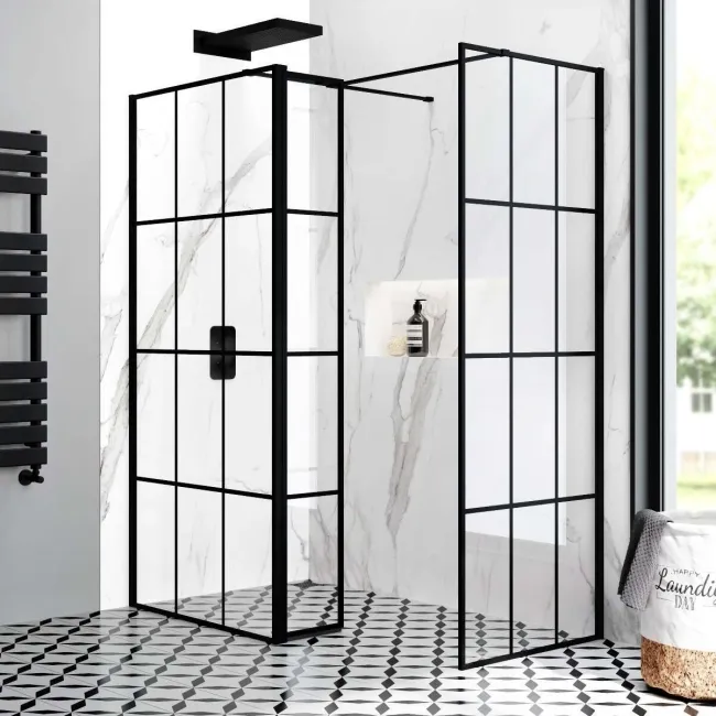Munich Matt Black Grid 8mm Walk In Shower Enclosure 900mm & 700mm Glass with Pivotal Return Panel