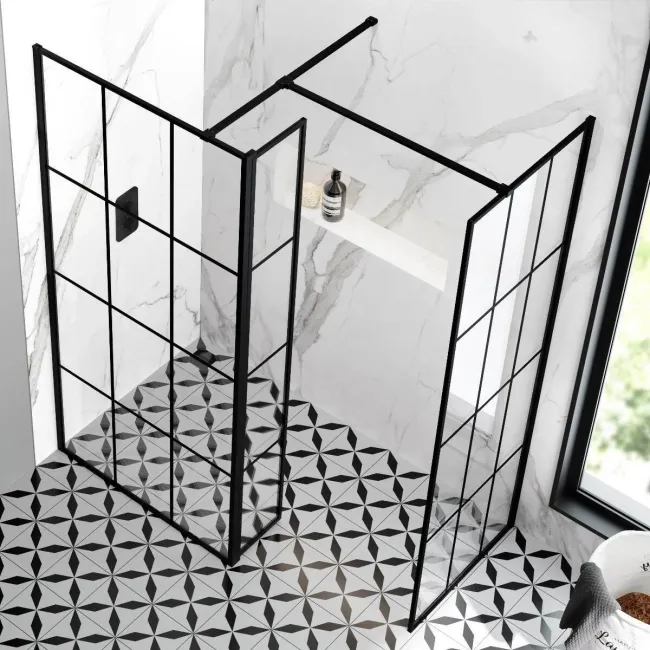 Munich Matt Black Grid 8mm Walk In Shower Enclosure 900mm & 700mm Glass with Pivotal Return Panel