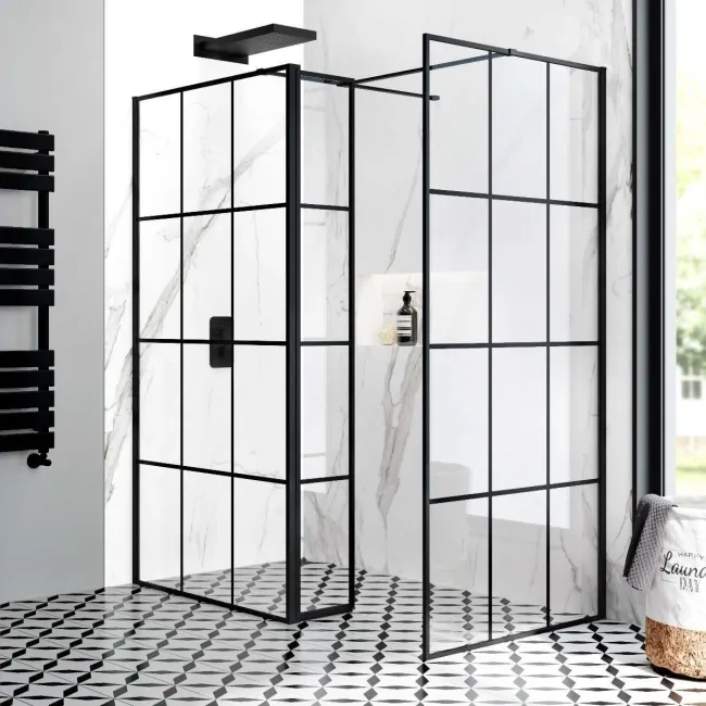 Munich Matt Black Grid 8mm Walk In Shower Enclosure 1000mm & 900mm Glass with Pivotal Return Panel