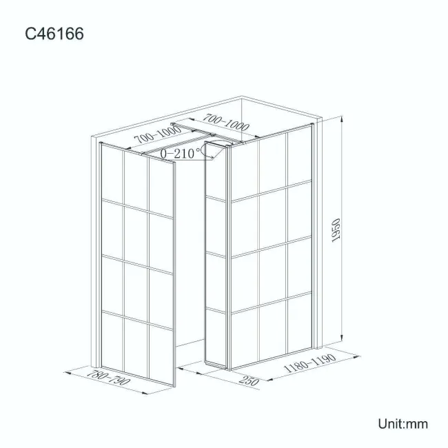 Munich Matt Black Grid 8mm Walk In Shower Enclosure 1200mm & 800mm Glass with Pivotal Return Panel