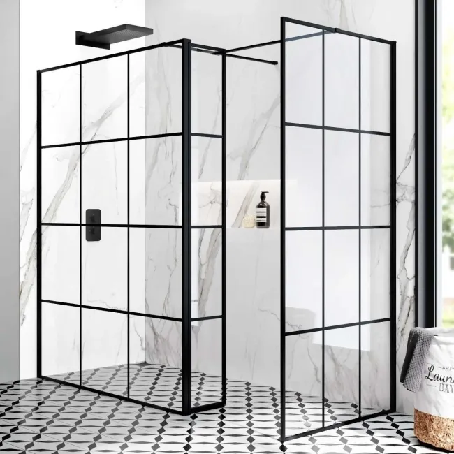 Munich Matt Black Grid 8mm Walk In Shower Enclosure 1400mm & 900mm Glass with Pivotal Return Panel