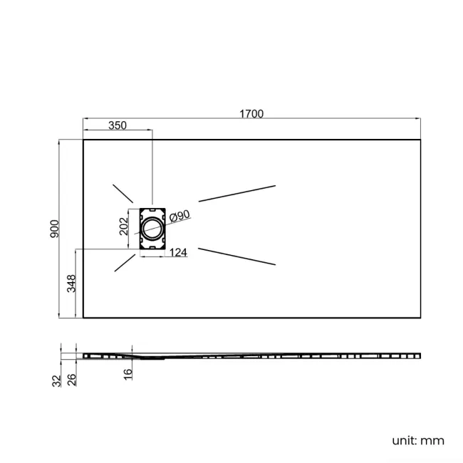 Berlin Rectangular Dark Grey Slate Effect SMC Composite Shower Tray 1700x900mm