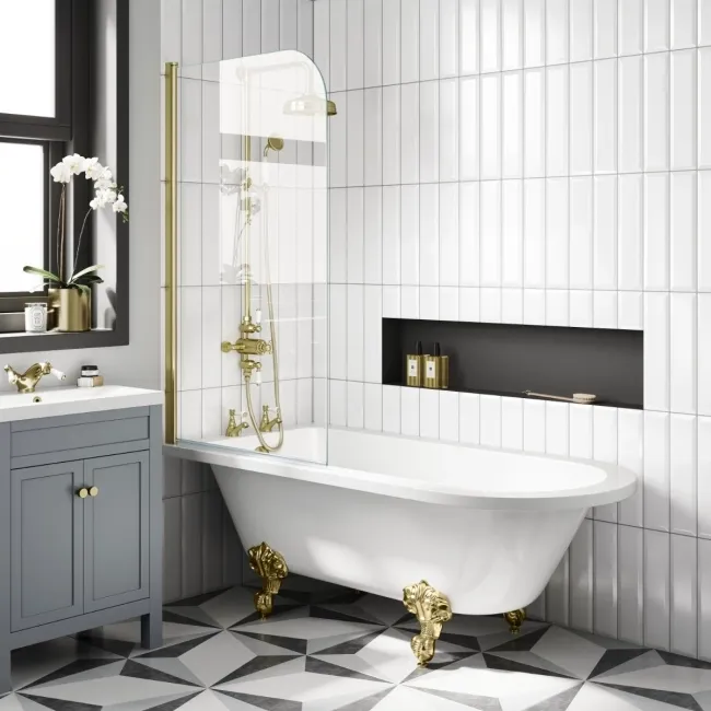 Abingdon 1700 Roll Top Shower Bath - Brushed Brass Ball Feet & 6mm Easy Clean Brushed Brass Bath Screen