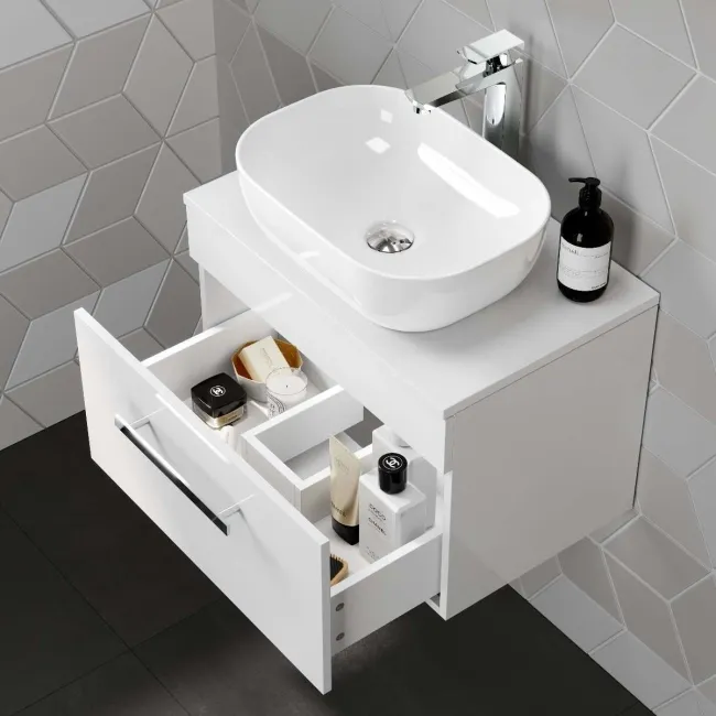 Avon Gloss White Wall Hung Drawer Vanity with Curved Counter Top Basin 600mm