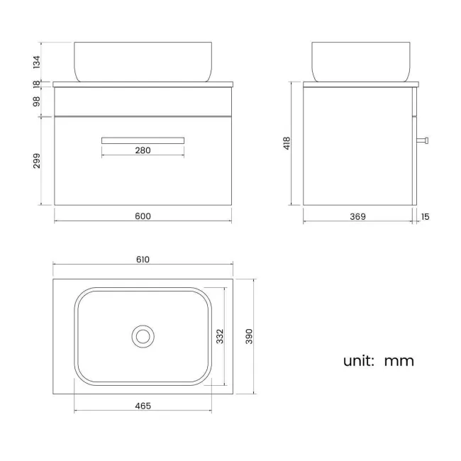 Avon Gloss White Wall Hung Drawer Vanity with Curved Counter Top Basin 600mm