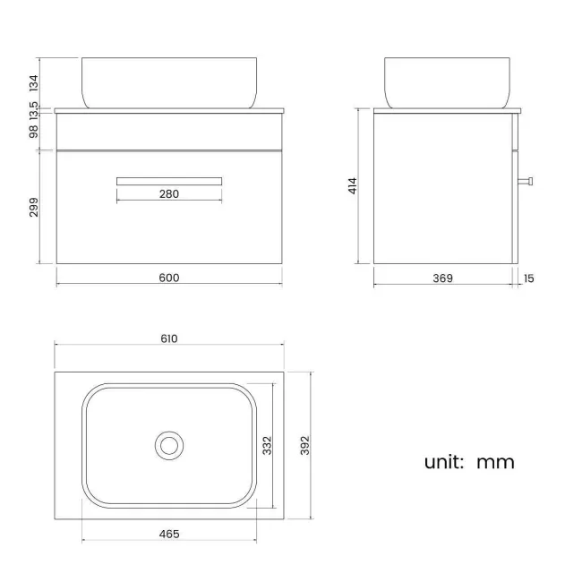 Avon Gloss White Wall Hung Drawer Vanity with Marble Top & Curved Counter Top Basin 600mm