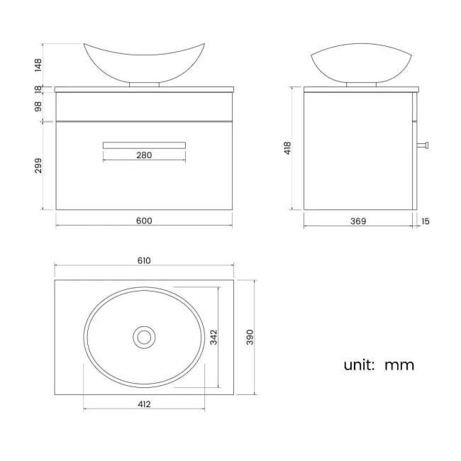 Avon Stone Grey Wall Hung Drawer Vanity with Oval Counter Top Basin 600mm
