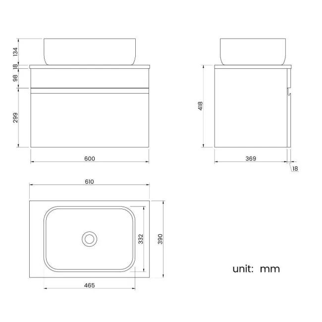 Trent Gloss White Wall Hung Drawer Vanity with Curved Counter Top Basin 600mm