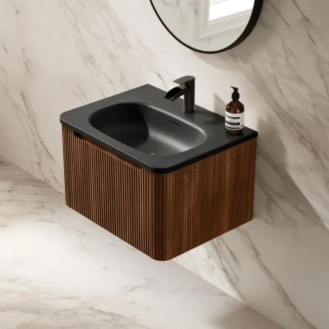Sorrento Fluted Black Walnut Wall Hung Drawer Vanity with Black Basin 600mm