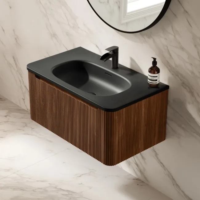 Sorrento Fluted Black Walnut Wall Hung Drawer Vanity with Black Basin 800mm