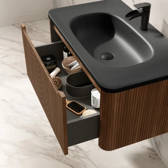 Sorrento Fluted Black Walnut Wall Hung Drawer Vanity with Black Basin 800mm