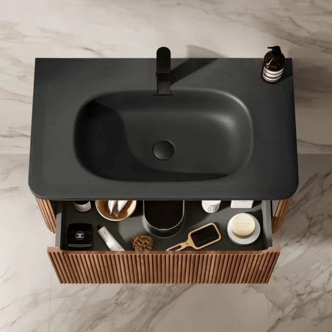 Sorrento Fluted Black Walnut Wall Hung Drawer Vanity with Black Basin 800mm