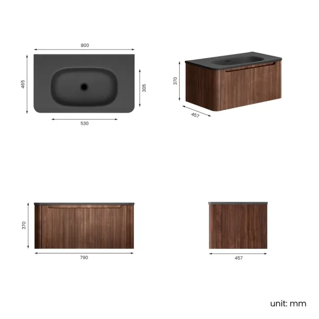 Sorrento Fluted Black Walnut Wall Hung Drawer Vanity with Black Basin 800mm