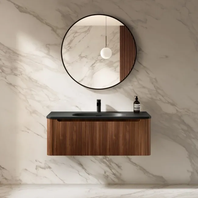 Sorrento Fluted Black Walnut Wall Hung Drawer Vanity with Black Basin 1000mm