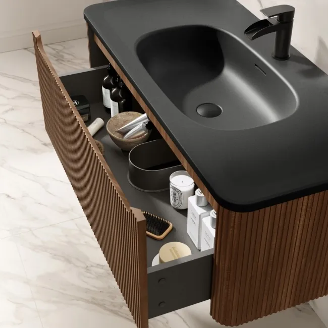 Sorrento Fluted Black Walnut Wall Hung Drawer Vanity with Black Basin 1000mm