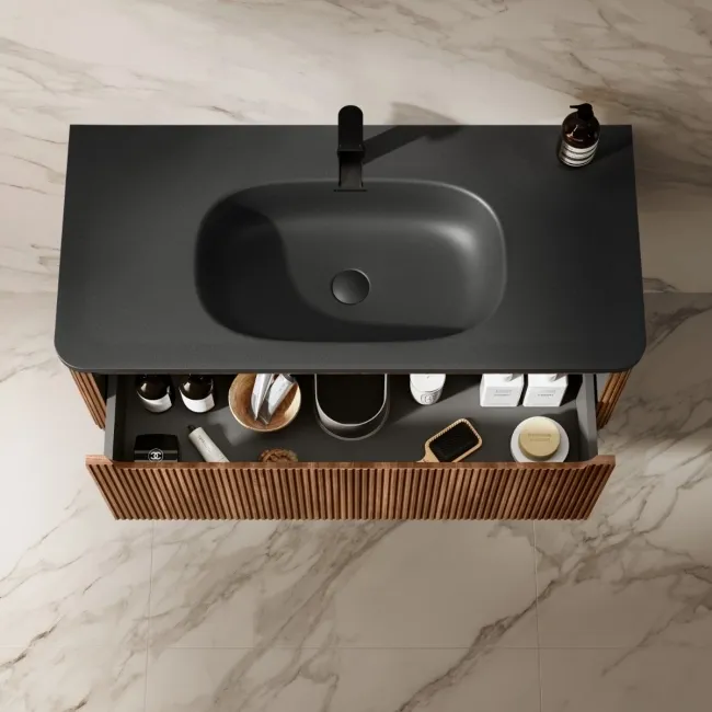 Sorrento Fluted Black Walnut Wall Hung Drawer Vanity with Black Basin 1000mm