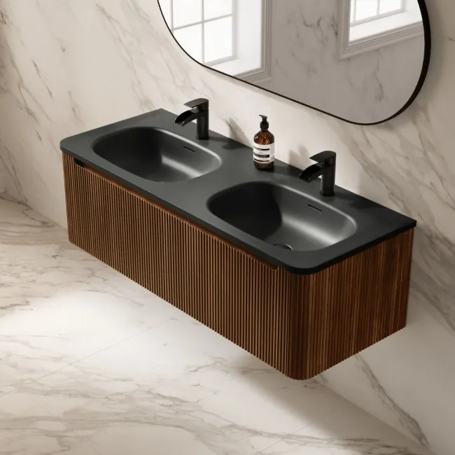 Sorrento Fluted Black Walnut Wall Hung Drawer Vanity with Black Double Basin 1200mm