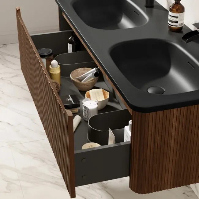 Sorrento Fluted Black Walnut Wall Hung Drawer Vanity with Black Double Basin 1200mm