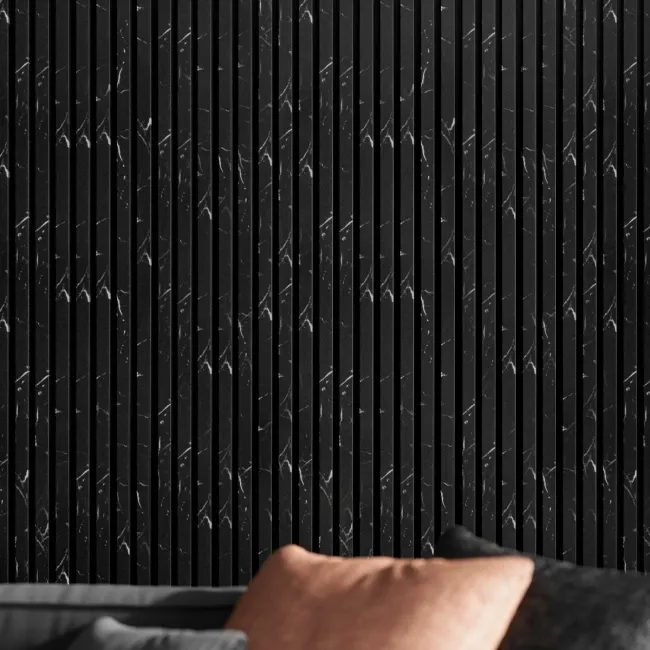 Trepanel Design® Black Marble Effect on Black Felt Acoustic Wood Slat Panels