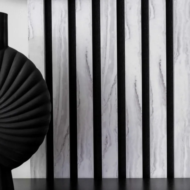 Trepanel Design® White Marble Effect on Black Felt Acoustic Wood Slat Panels
