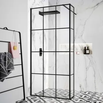 Munich Matt Black Grid 8mm Wet Room Shower Glass 1100mm & 250mm Return Panel