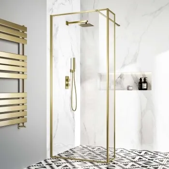 Munich Brushed Brass Framed 8mm Wet Room Shower Glass 900mm & 250mm Return Panel