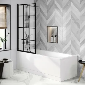 Hereford Square Shower Bath 1700x700 & 6mm Easy Clean Matt Black Grid Bath Screen