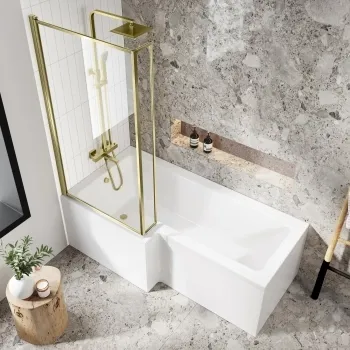 L Shaped 1700 Shower Bath with Front Panel & 6mm Easy Clean Brushed Brass Bath Screen - Left Handed