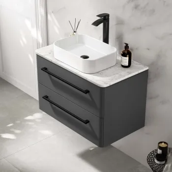 Omaha Slate Grey Wall Hung Drawer Vanity with Marble Top & Marin Basin 800mm - Black Accents