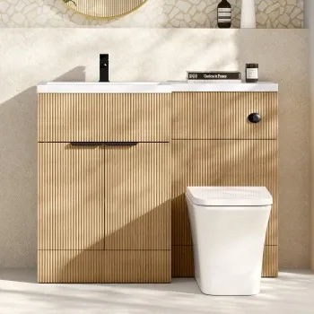 Havana Fluted Country Oak Combination Vanity Basin and Houston Toilet 1100mm - Black Accents - Left Handed