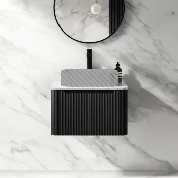 Sorrento Fluted Matt Black Wall Hung Drawer Vanity with Marble Top 600mm - Excludes Counter Top Basin