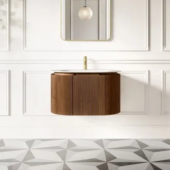 Positano Natural Walnut Curved Wall Hung Basin Drawer Vanity 800mm